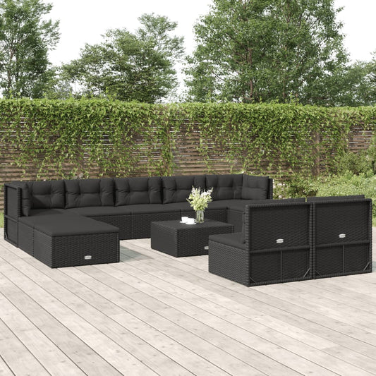 vidaXL 10 Piece Patio Lounge Set with Cushions Black Poly Rattan-0