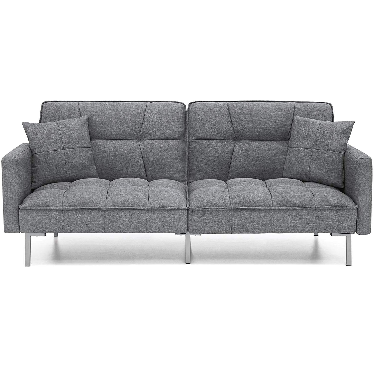 Modern Grey Linen Split-Back Futon Sofa Bed Couch-1