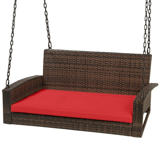 Brown Wicker Hanging Patio Porch Swing Bench w/ Mounting Chains and Red Seat Cushion-1