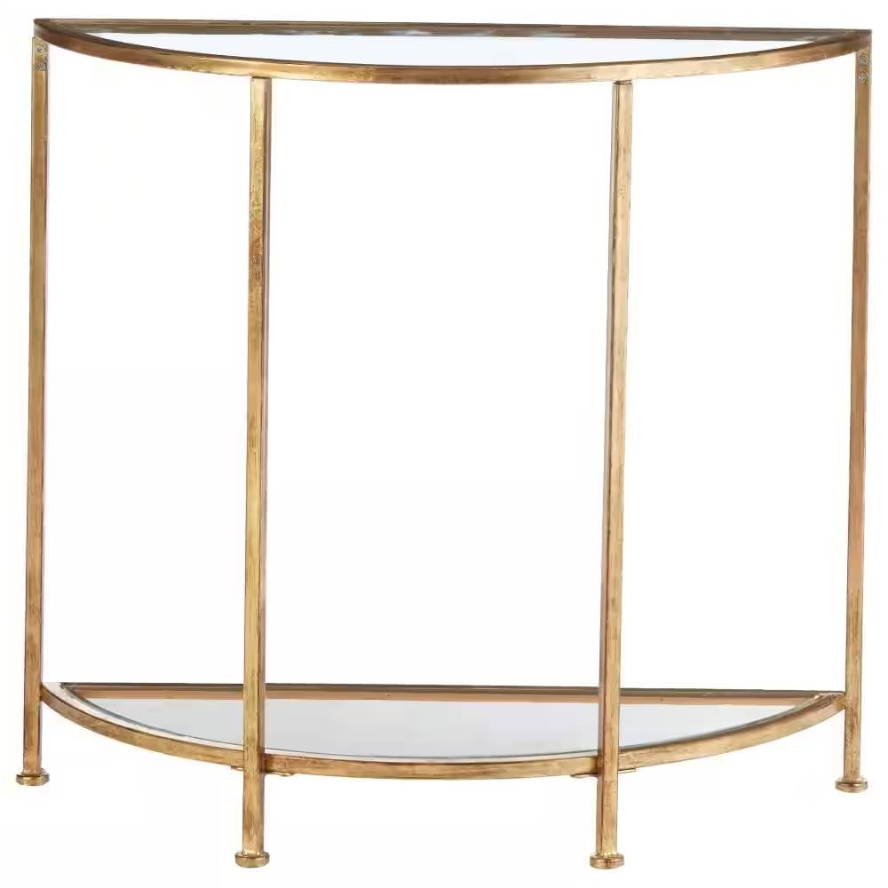 Half-Circle Entryway Console Table Gold Metal Glass Top Bottom Shelf Sofa Table-1