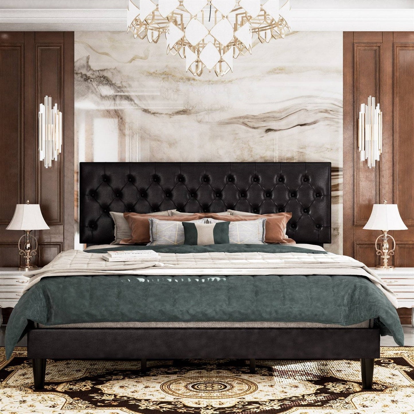 Full Black Faux Leather Upholstered Platform Bed with Button-Tufted Headboard-0