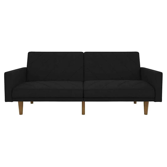 Black Mid-Century Modern Linen Upholstered Sofa Bed with Classic Wood Legs-0