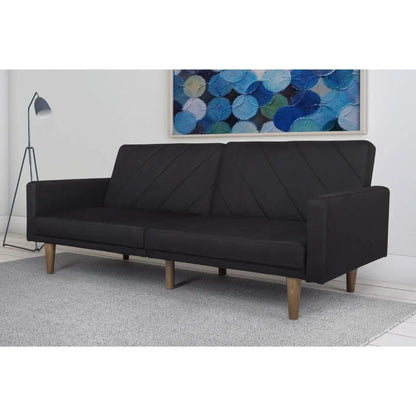 Black Mid-Century Modern Linen Upholstered Sofa Bed with Classic Wood Legs-2