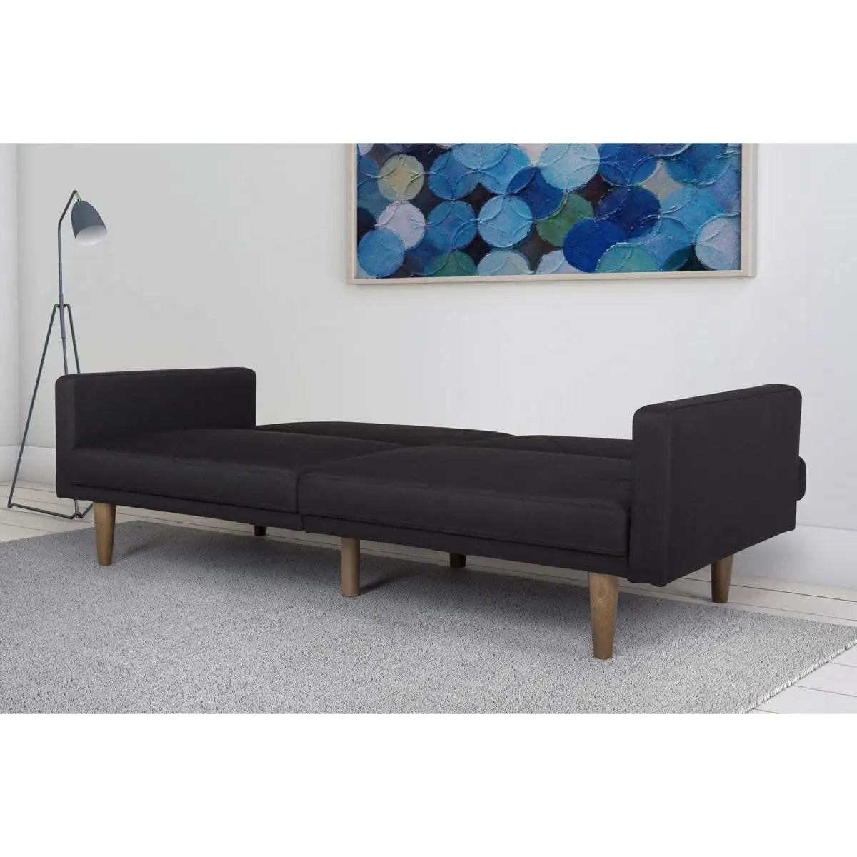 Black Mid-Century Modern Linen Upholstered Sofa Bed with Classic Wood Legs-3