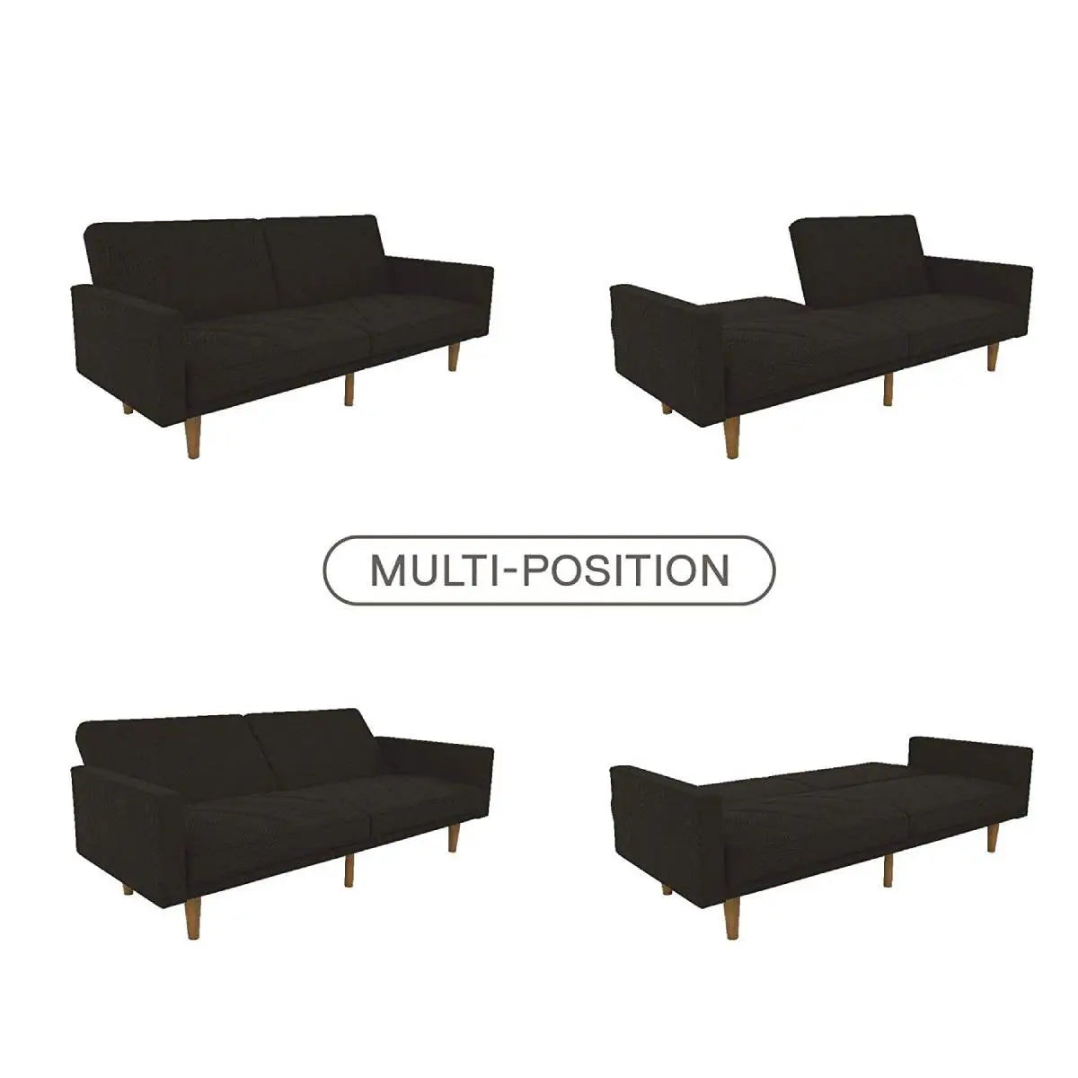 Black Mid-Century Modern Linen Upholstered Sofa Bed with Classic Wood Legs-4