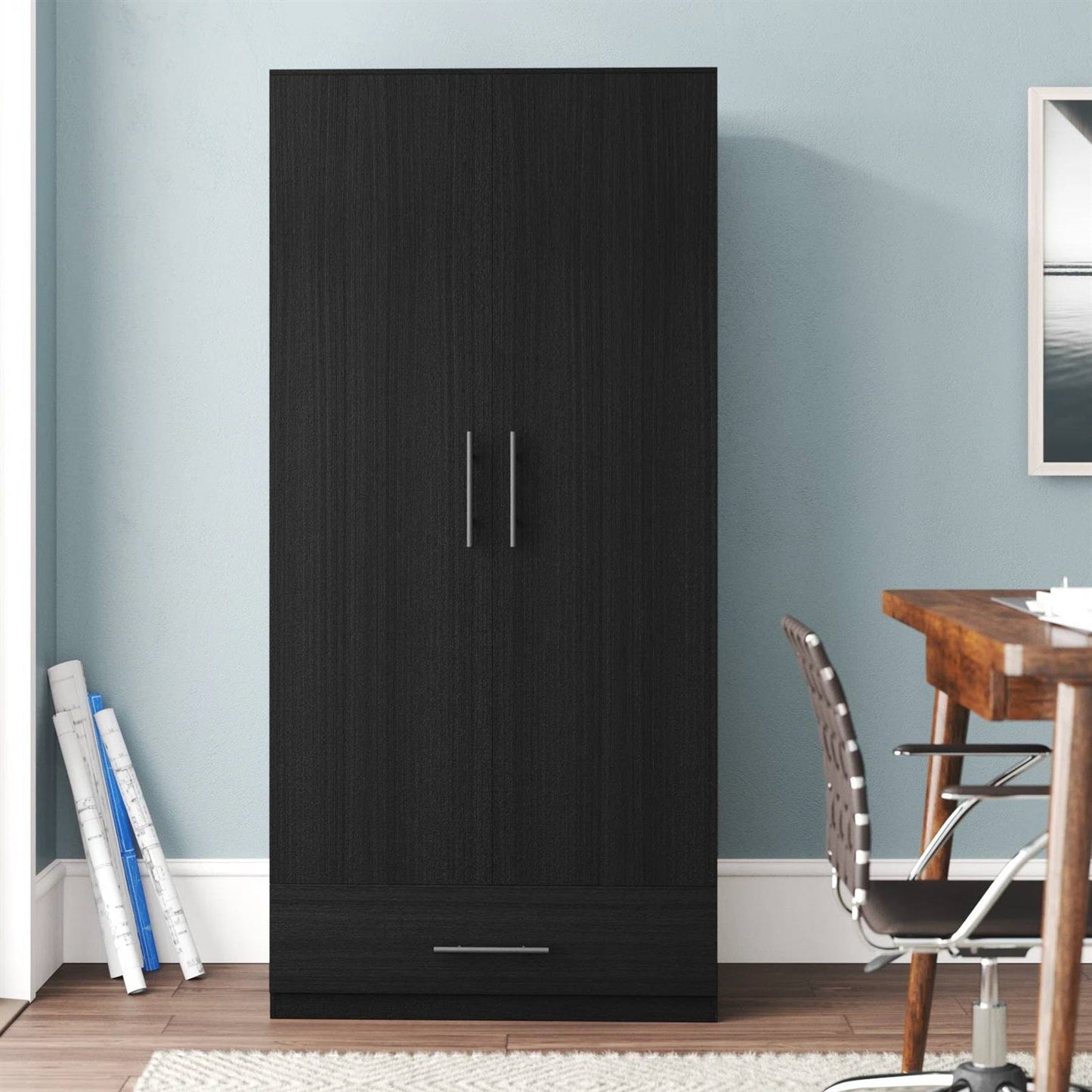 Modern Armoire Wardrobe Closet Cabinet with Storage Drawer in Black Wood Finish-0