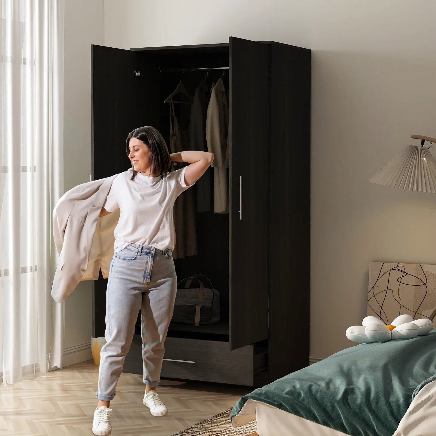 Modern Armoire Wardrobe Closet Cabinet with Storage Drawer in Black Wood Finish-1