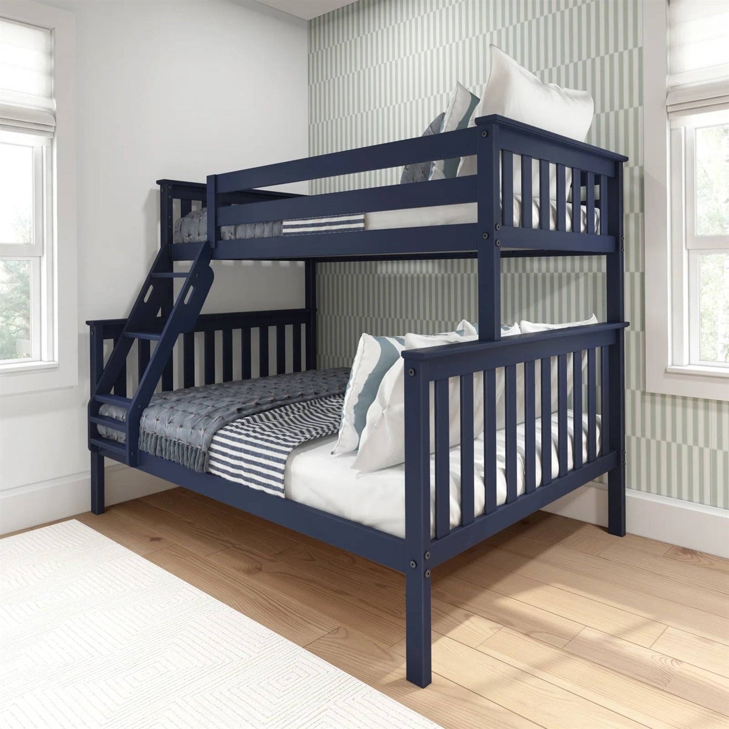 Twin over Full size Solid Wood Bunk Bed in Dark Navy Blue Finish-2