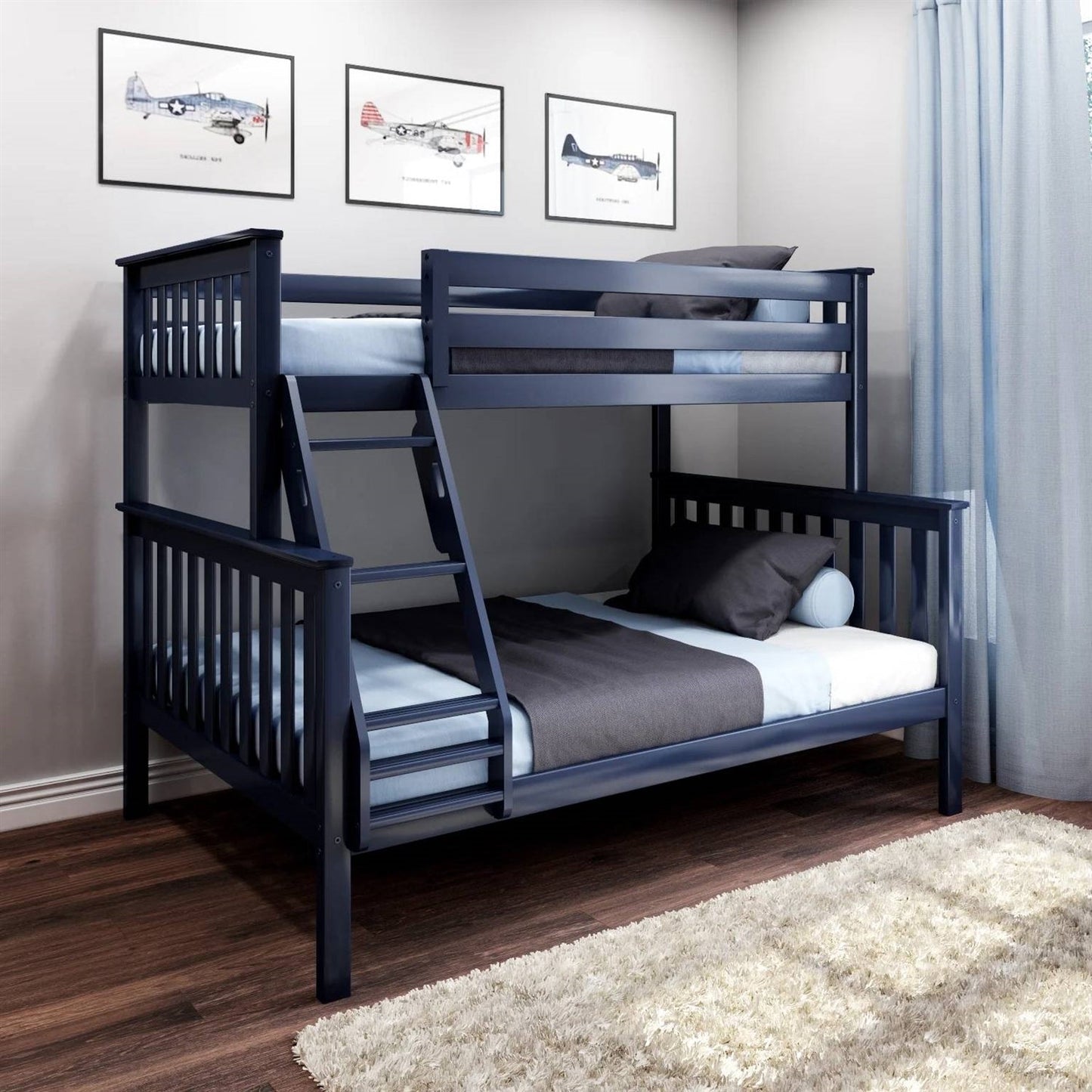 Twin over Full size Solid Wood Bunk Bed in Dark Navy Blue Finish-3