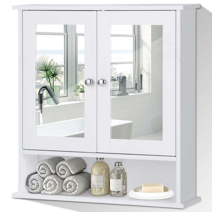 White Bathroom Wall Medicine Cabinet with Mirror and Open Shelf-0