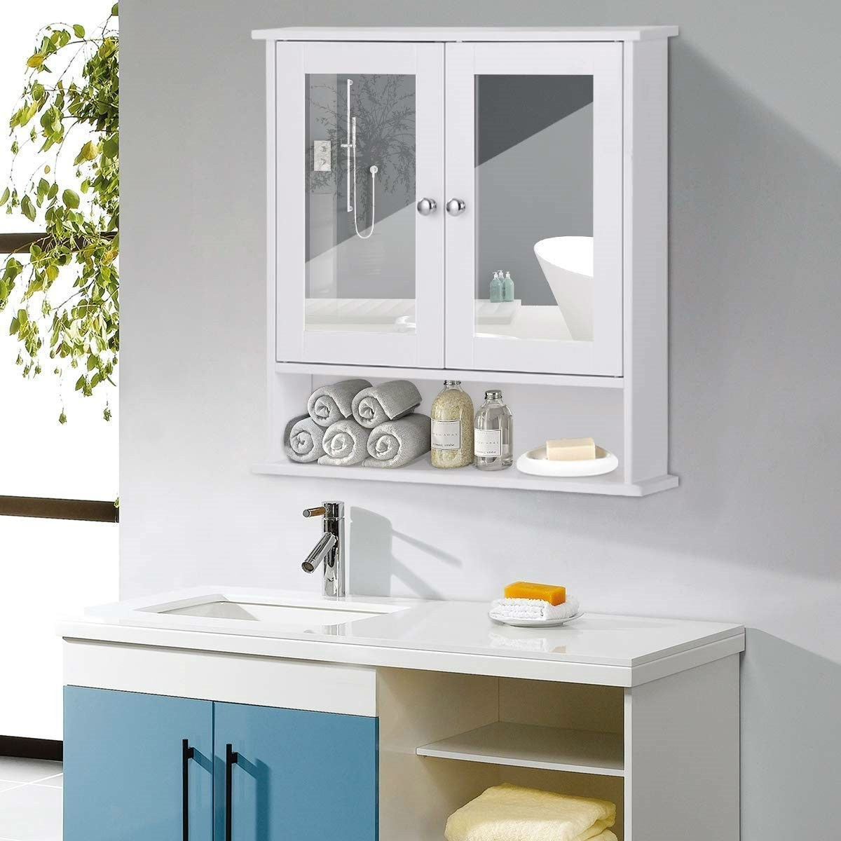 White Bathroom Wall Medicine Cabinet with Mirror and Open Shelf-1