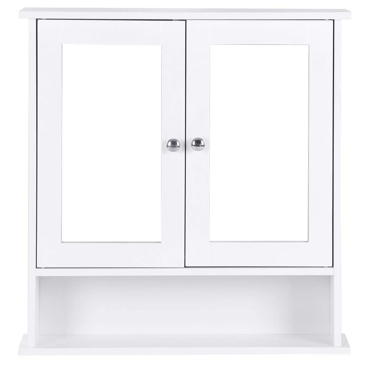 White Bathroom Wall Medicine Cabinet with Mirror and Open Shelf-2