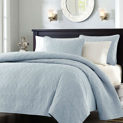 Full / Queen size Quilted Bedspread Coverlet with 2 Shams in Light Blue-0