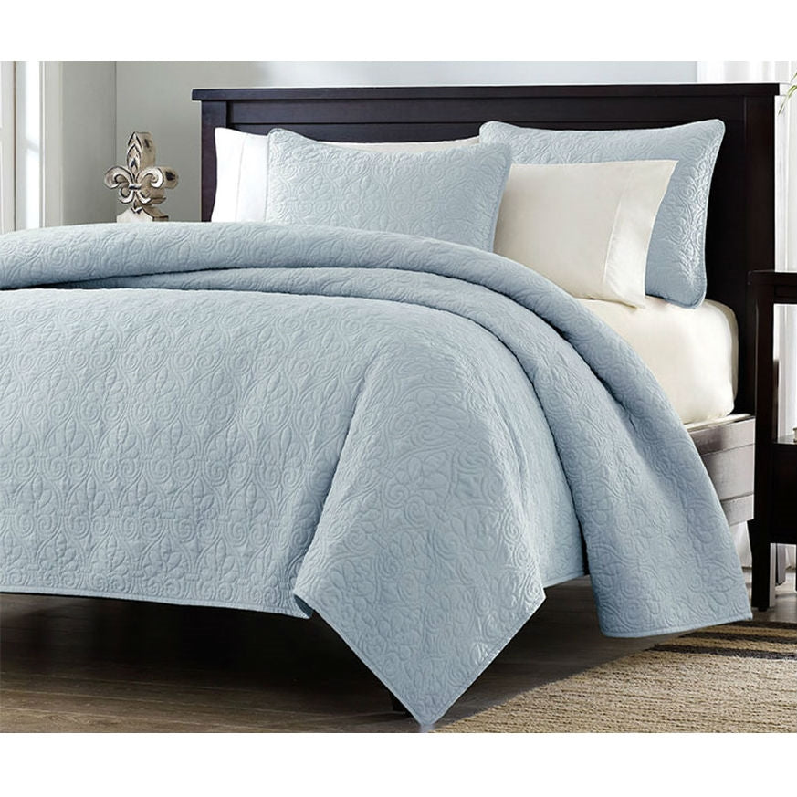 Full / Queen size Quilted Bedspread Coverlet with 2 Shams in Light Blue-1