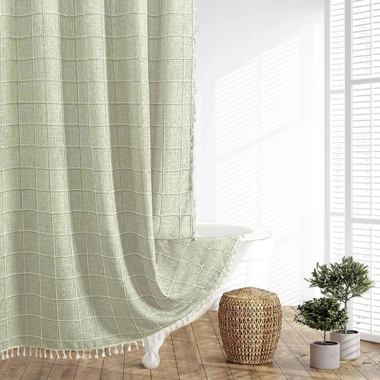 72-inch Farmhouse Green Cotton Linen Blend Shower Curtain with Boho Tassels-0