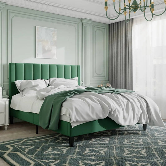 Full size Modern Green Velvet Upholstered Platform Bed with Headboard-0