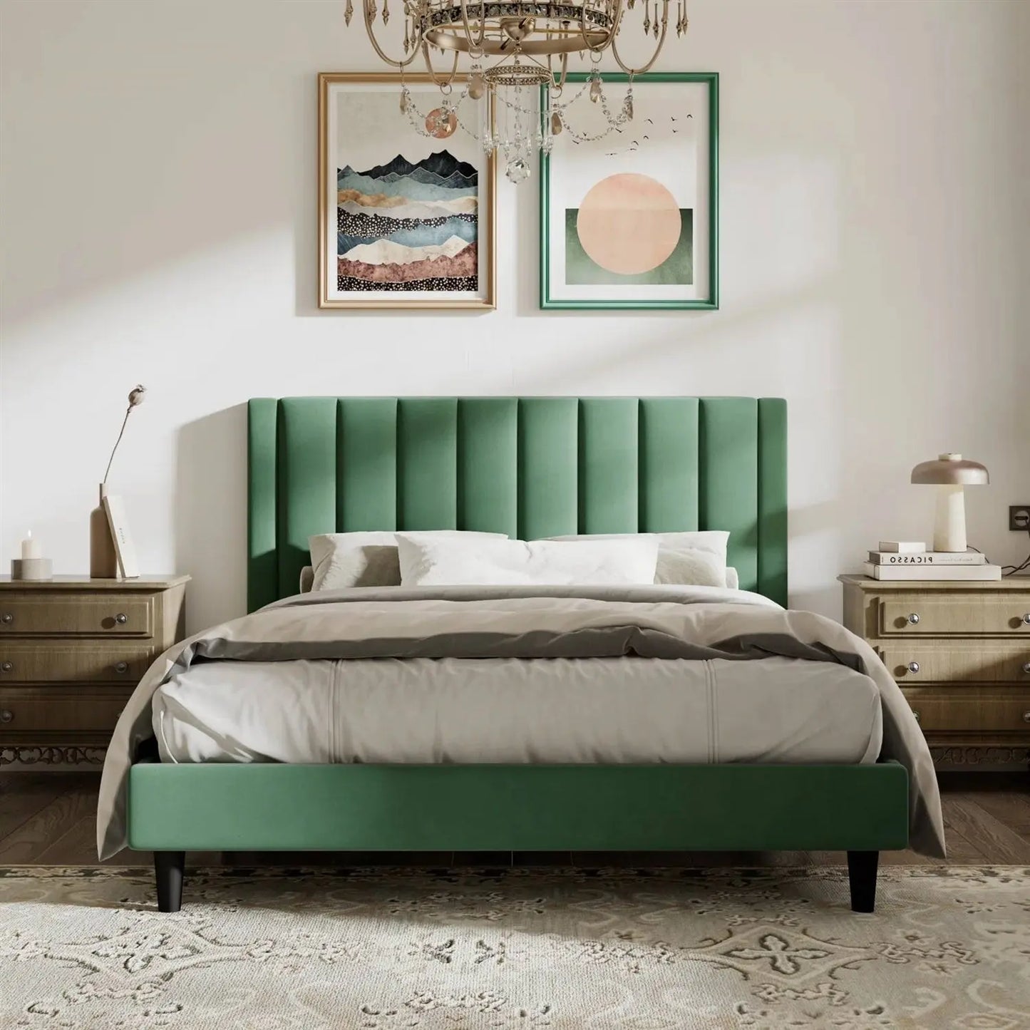 Full size Modern Green Velvet Upholstered Platform Bed with Headboard-1