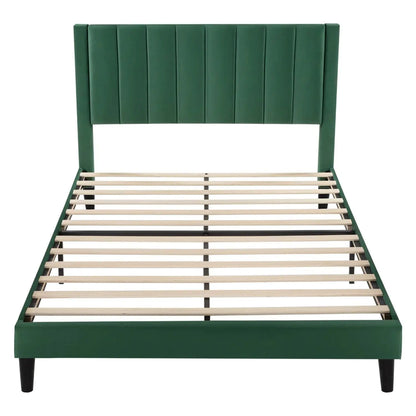 Full size Modern Green Velvet Upholstered Platform Bed with Headboard-2