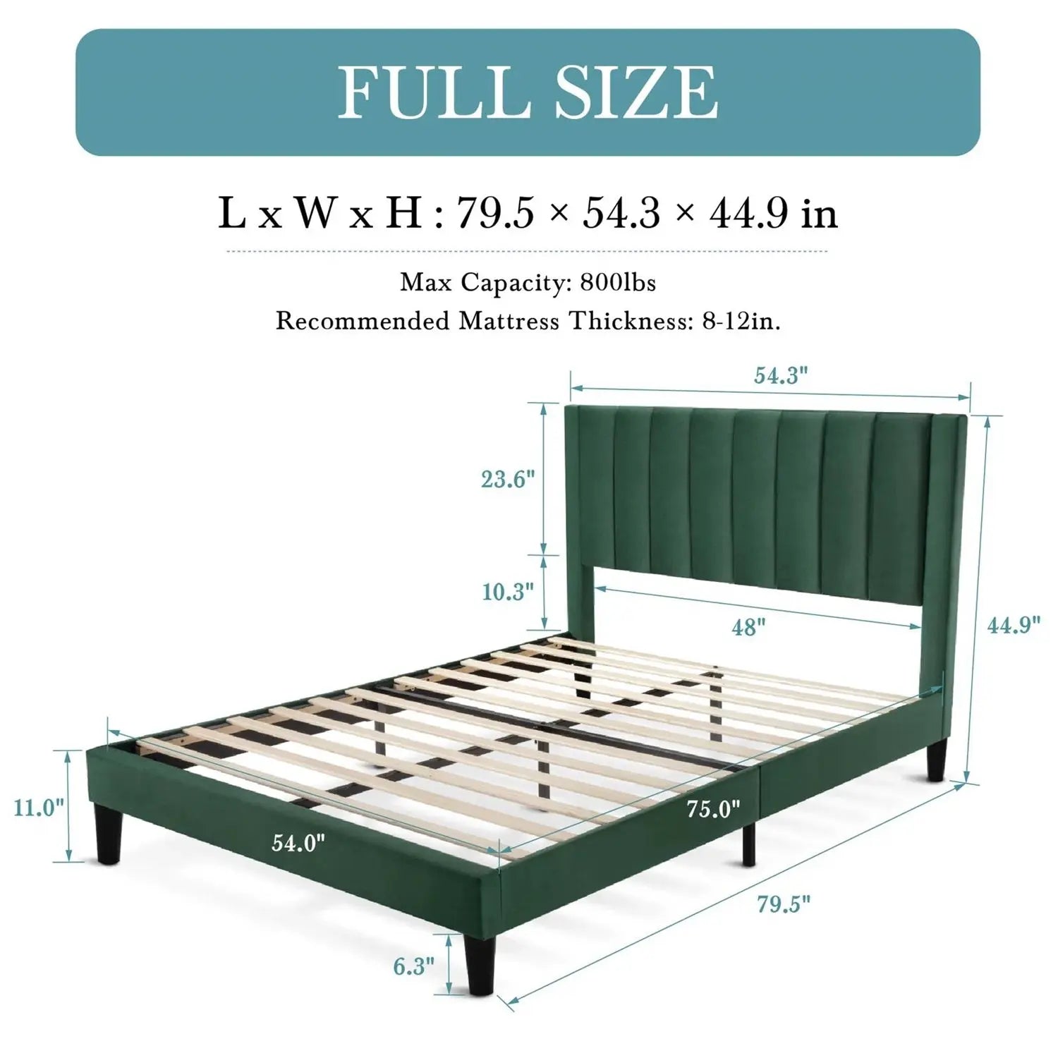 Full size Modern Green Velvet Upholstered Platform Bed with Headboard-4