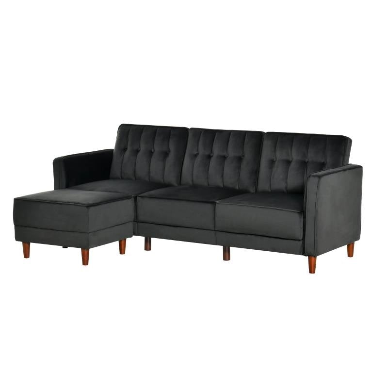 Modern Mid-Century Reversible L-Shaped Sectional Sleeper Sofa in Black Velvet-0