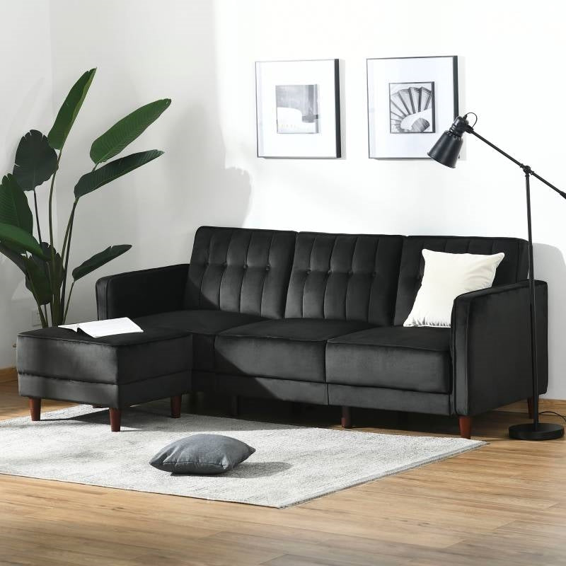 Modern Mid-Century Reversible L-Shaped Sectional Sleeper Sofa in Black Velvet-1