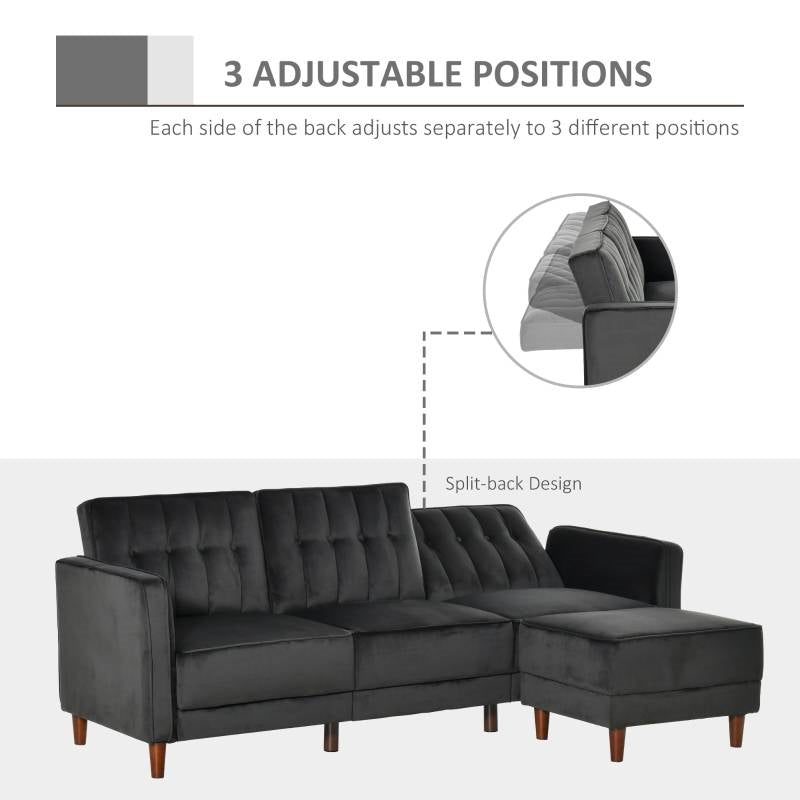 Modern Mid-Century Reversible L-Shaped Sectional Sleeper Sofa in Black Velvet-2