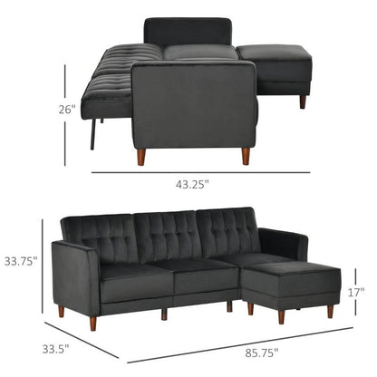 Modern Mid-Century Reversible L-Shaped Sectional Sleeper Sofa in Black Velvet-3