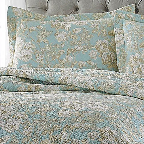 King size 3-Piece Reversible Cotton Quilt Set with Seafoam Blue Beige Floral Pattern-1