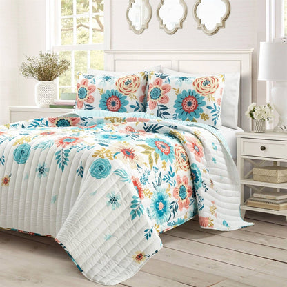 King size Lightweight Floral Teal Blue Pink White 3-Piece Polyester Quilt Set-0