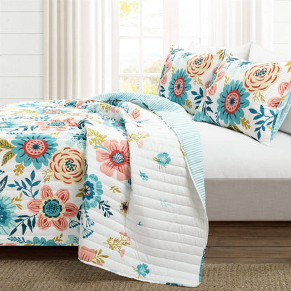 King size Lightweight Floral Teal Blue Pink White 3-Piece Polyester Quilt Set-1