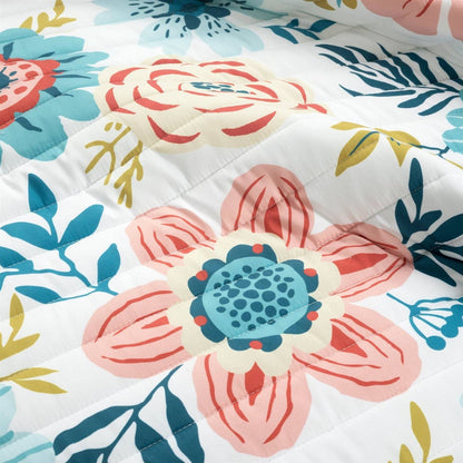 King size Lightweight Floral Teal Blue Pink White 3-Piece Polyester Quilt Set-2