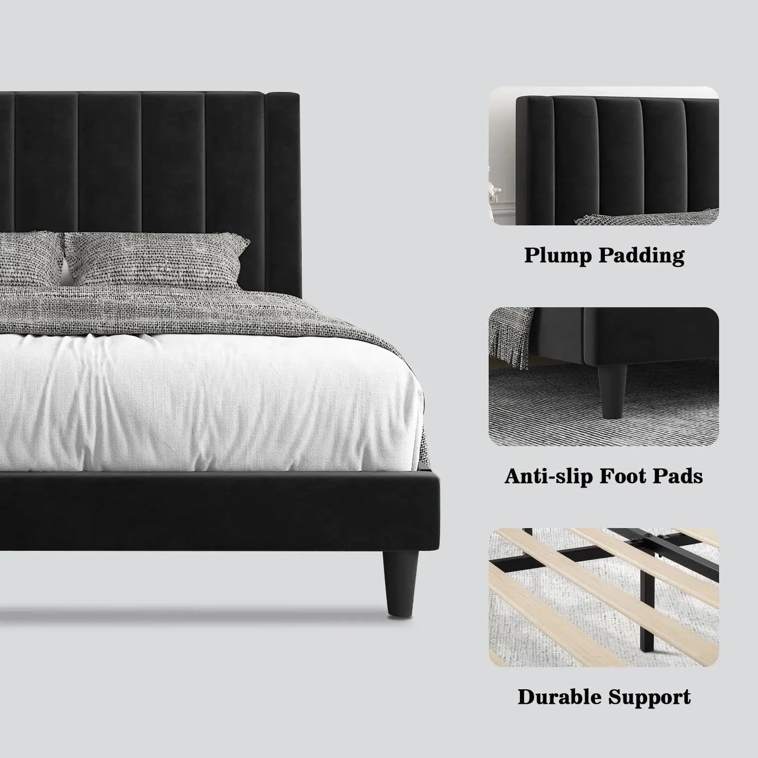 King size Black Velvet Upholstered Platform Bed Frame with Headboard-3