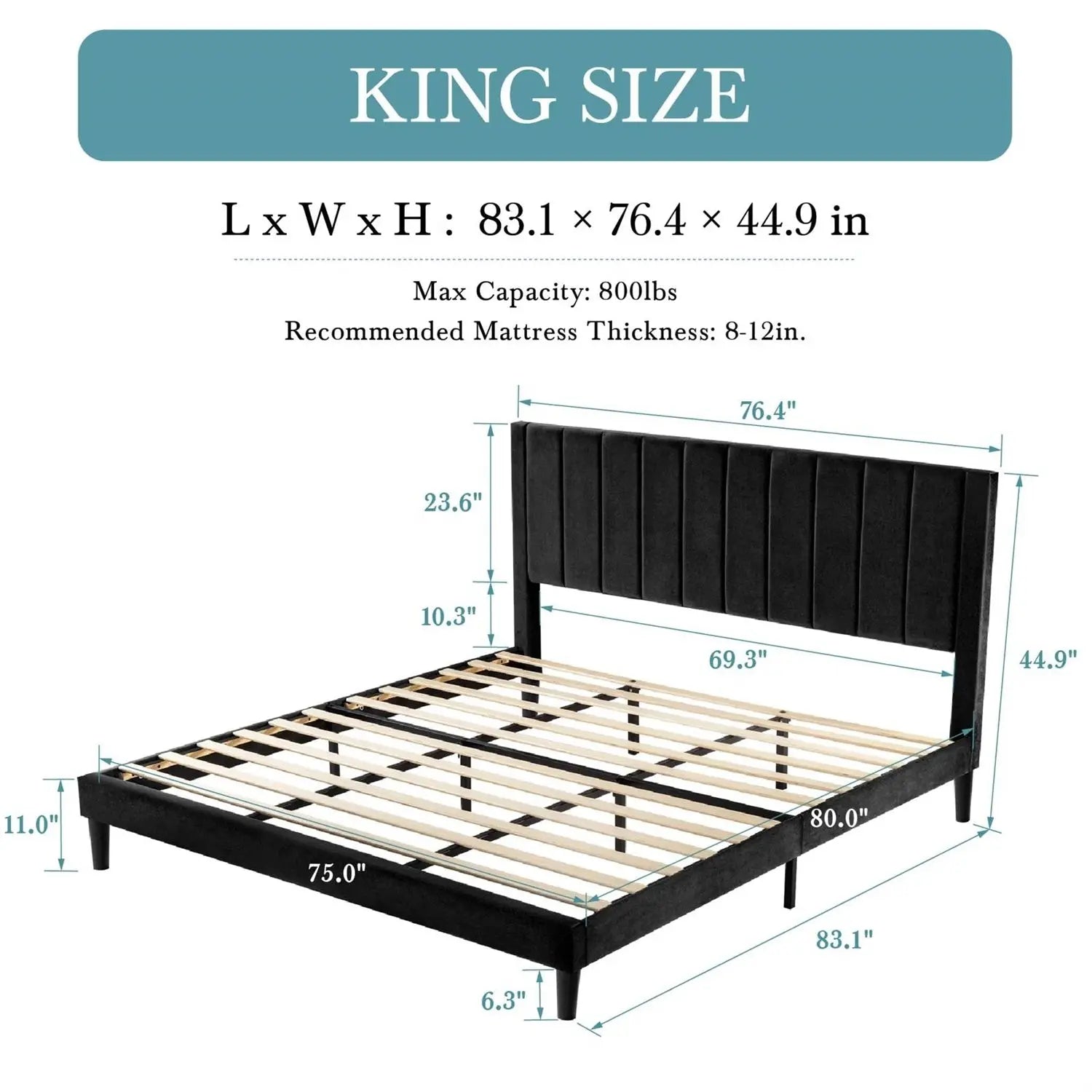 King size Black Velvet Upholstered Platform Bed Frame with Headboard-4