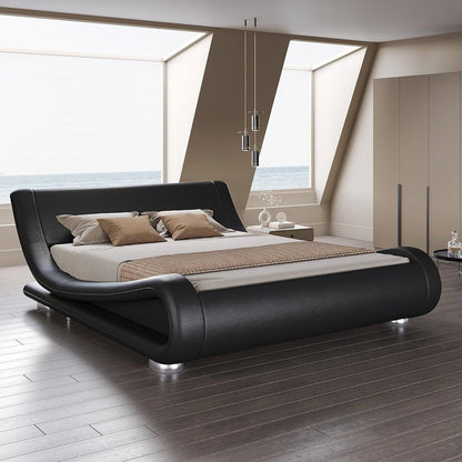 King Modern Black Upholstered Platform Bed Frame with Sleigh Curved Headboard-0