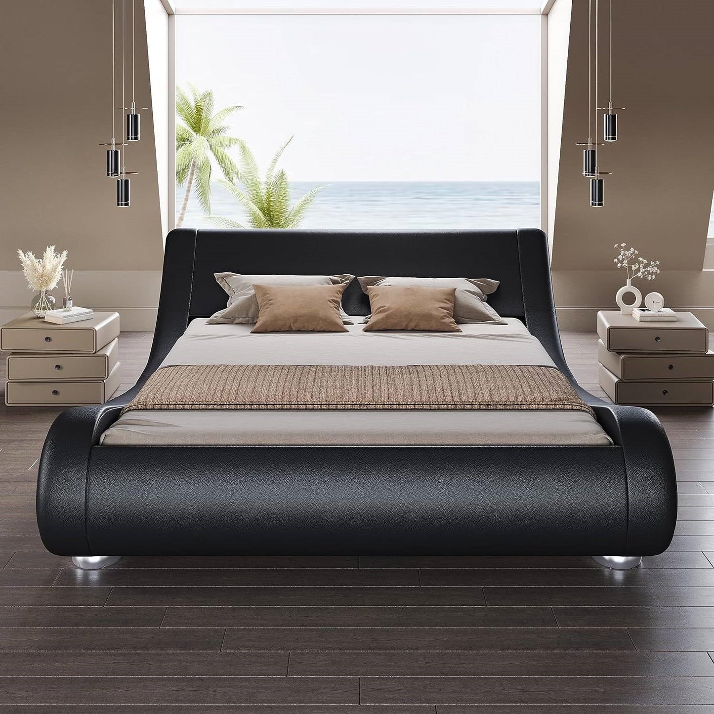 King Modern Black Upholstered Platform Bed Frame with Sleigh Curved Headboard-1