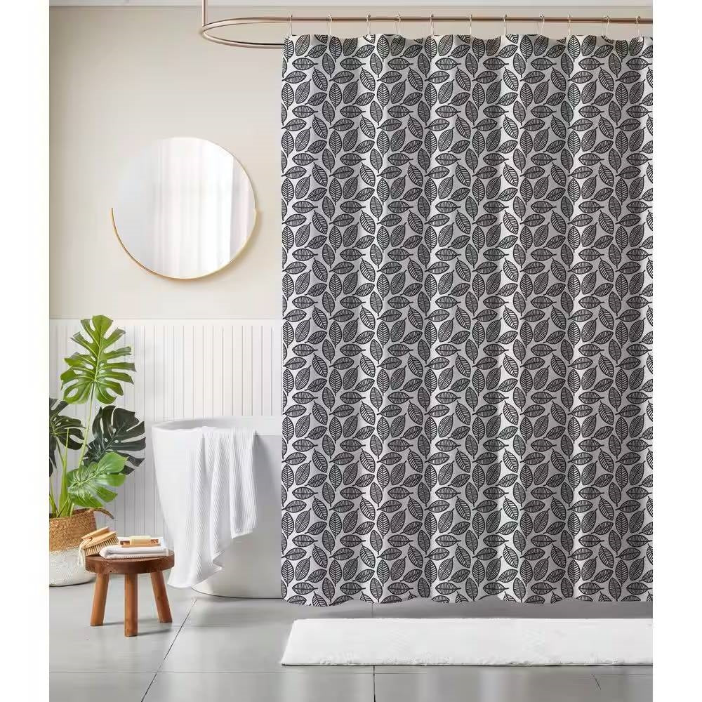 72-inch Black White Leaf Pattern Shower Curtain in 100-Percent Polyester Fabric-0