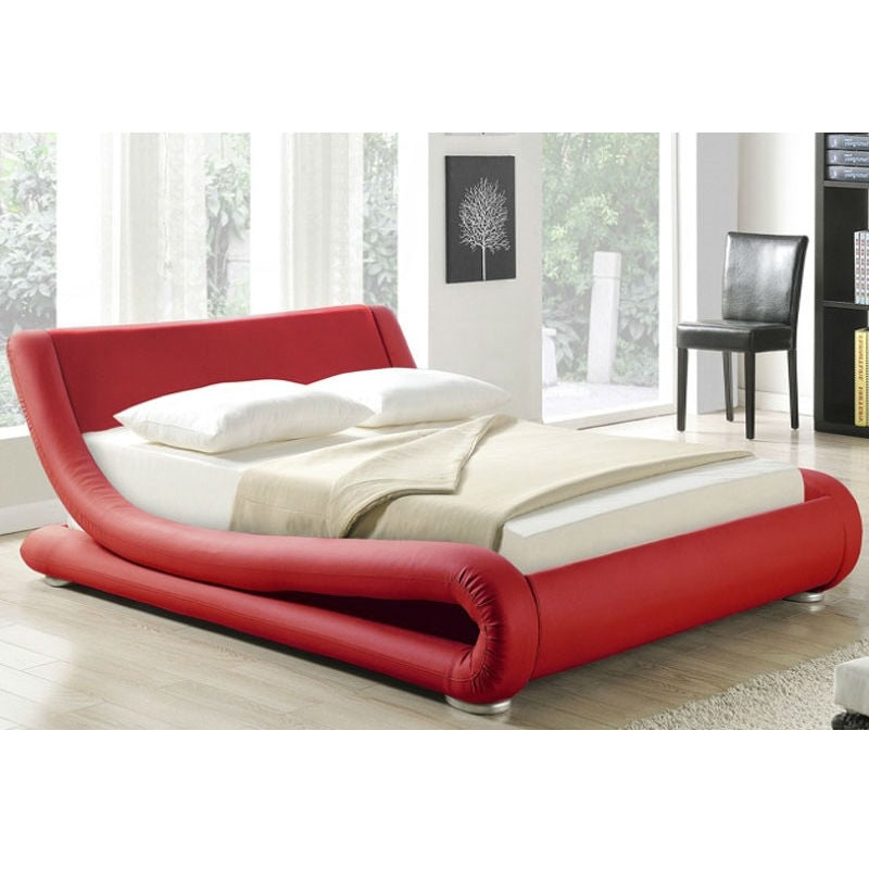 King size Modern Red Faux Leather Upholstered Platform Bed with Curved Headboard-0