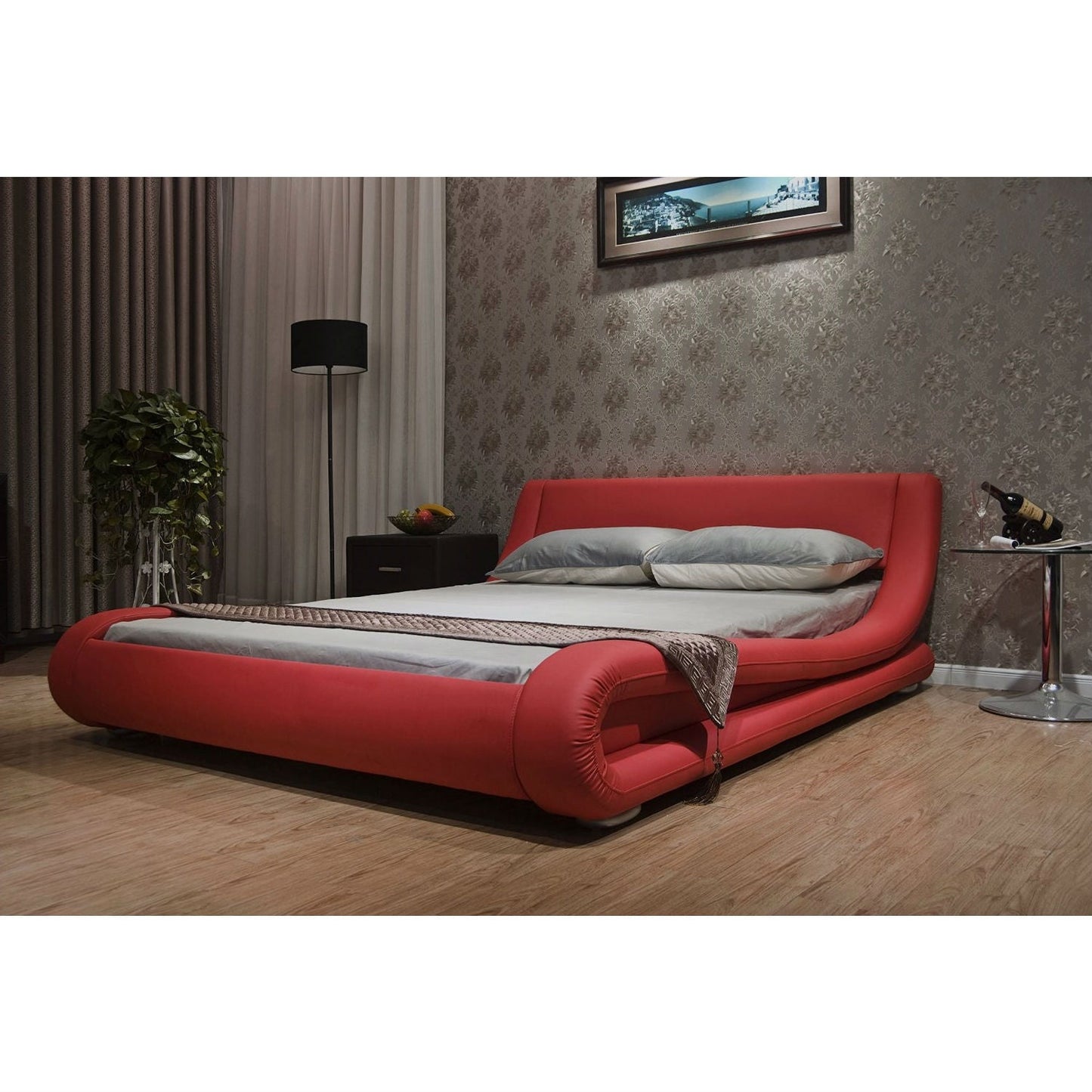 King size Modern Red Faux Leather Upholstered Platform Bed with Curved Headboard-2