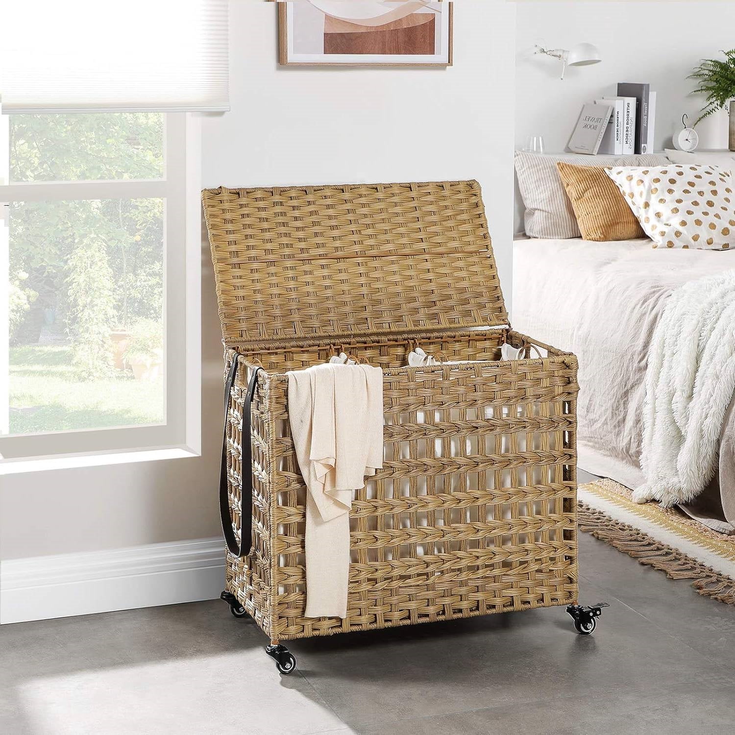 Tan PP Rattan 3-Basket Laundry Hamper Sorter Cart with Removable Cotton Bags-0