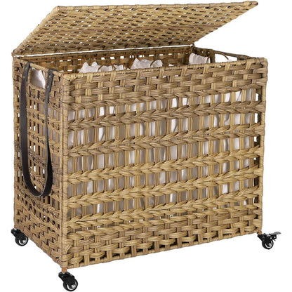 Tan PP Rattan 3-Basket Laundry Hamper Sorter Cart with Removable Cotton Bags-1