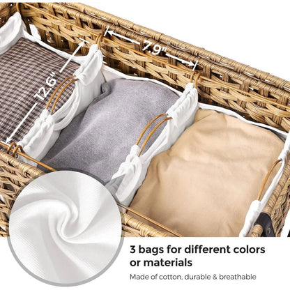 Tan PP Rattan 3-Basket Laundry Hamper Sorter Cart with Removable Cotton Bags-2