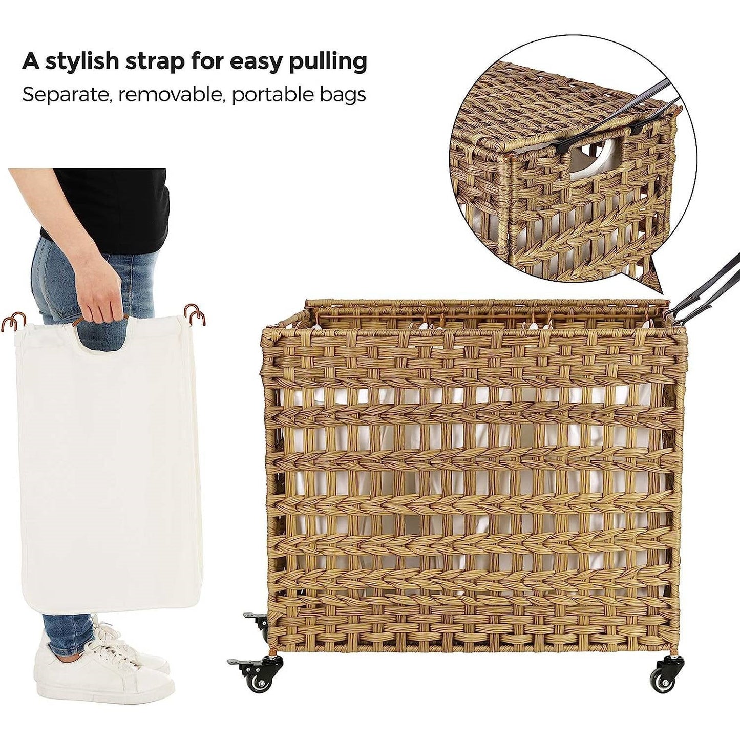 Tan PP Rattan 3-Basket Laundry Hamper Sorter Cart with Removable Cotton Bags-3