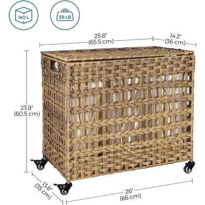 Tan PP Rattan 3-Basket Laundry Hamper Sorter Cart with Removable Cotton Bags-4