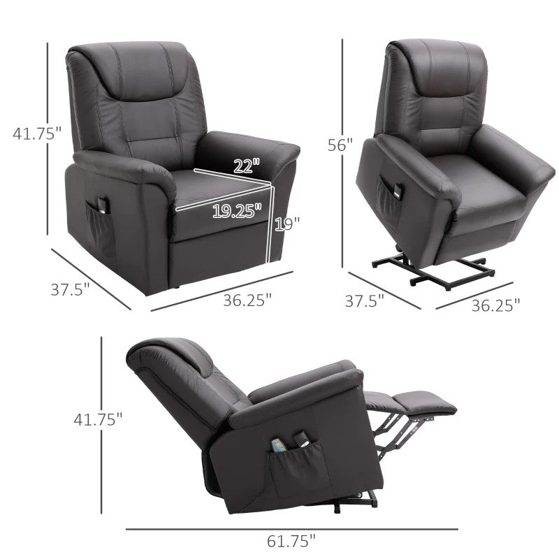 Brown Electric PU Leather Power Lift Chair with Remote Control & Side Pockets-4