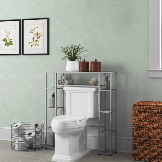 Over the Toilet Freestanding Bathroom Shelving Unit Shelf in Silver Metal Finish-0