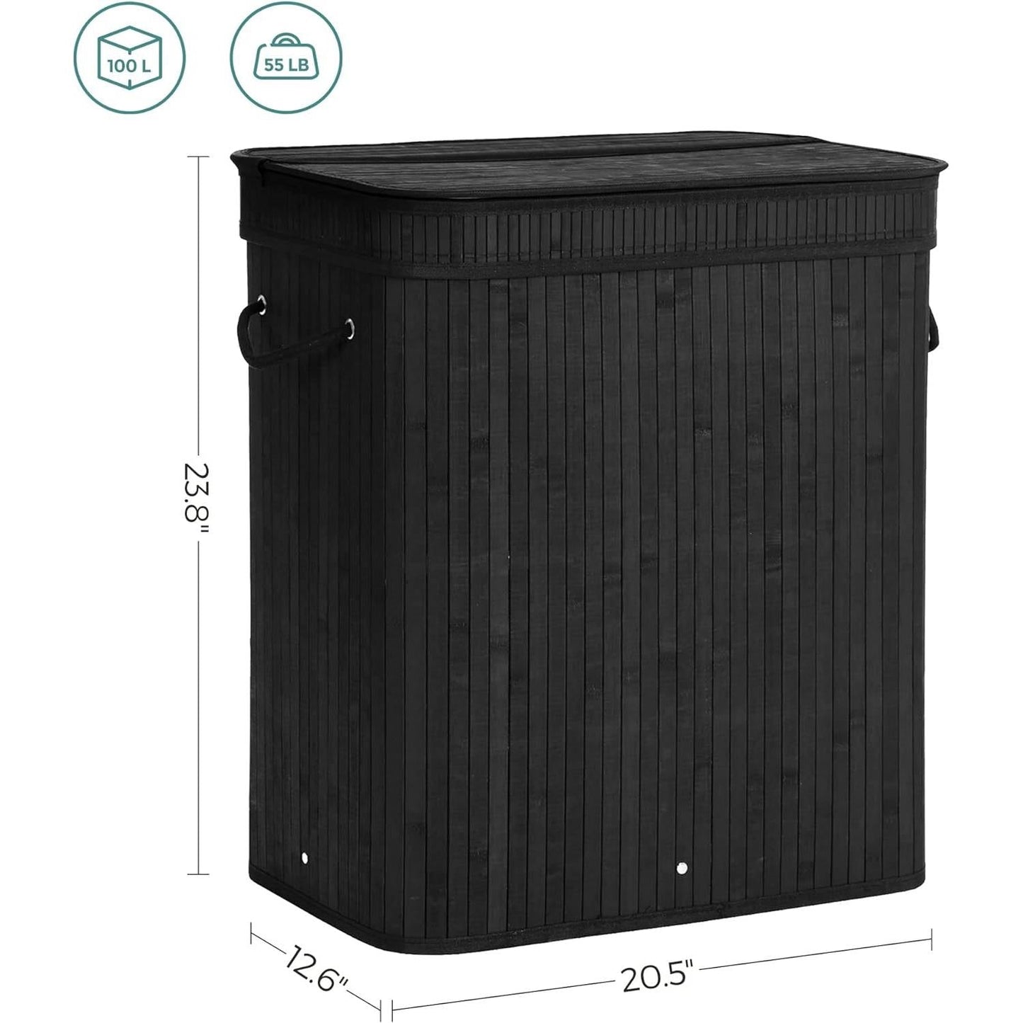 Black Bamboo Wood 26-Gal Laundry Hamper Basket w/ Removable Washable Cotton Bag-4