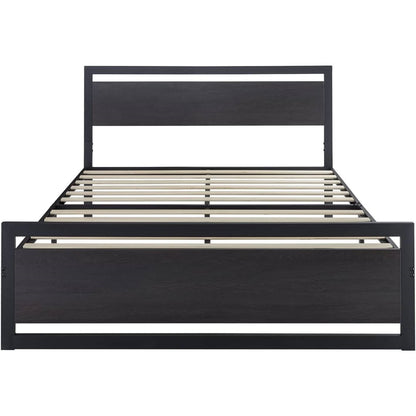 Full Black Metal Platform Bed Frame with Wood Panel Headboard and Footboard-0