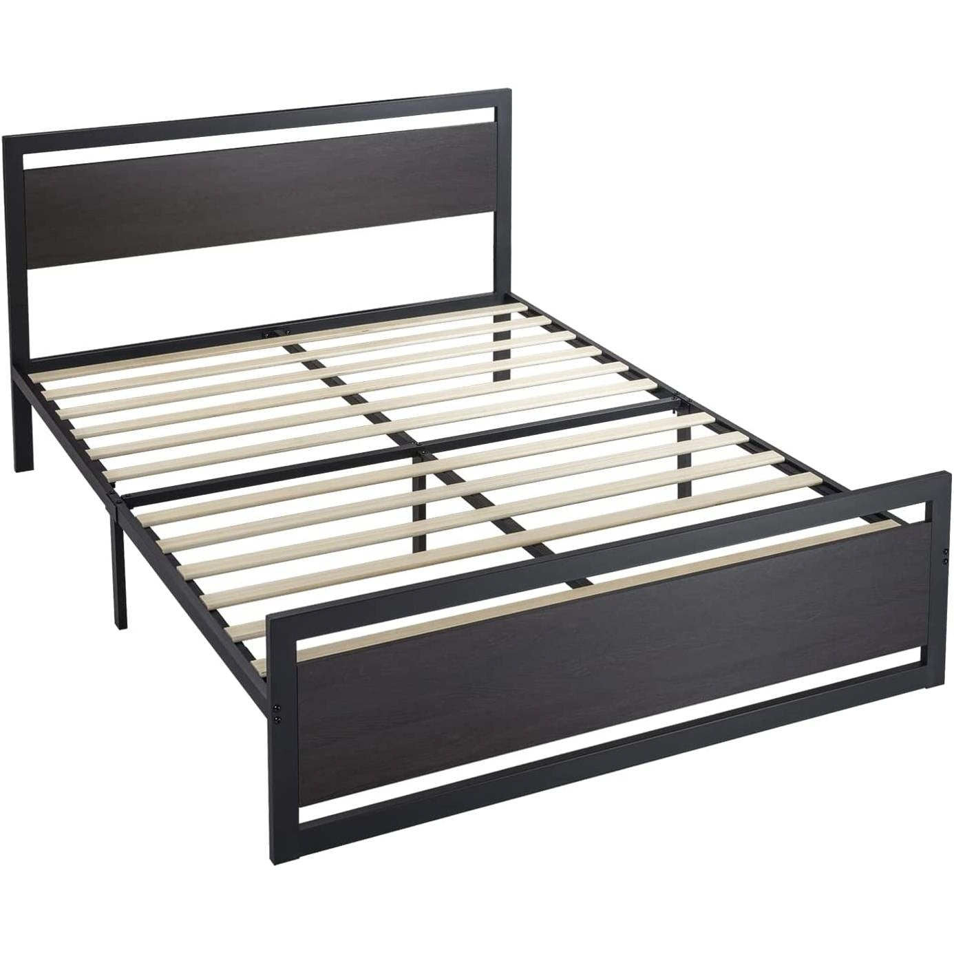 Full Black Metal Platform Bed Frame with Wood Panel Headboard and Footboard-1