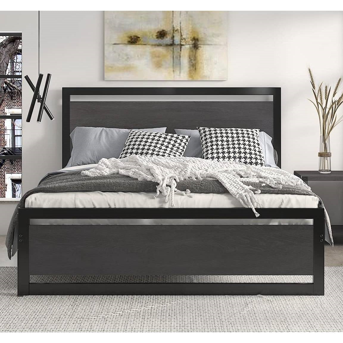 Full Black Metal Platform Bed Frame with Wood Panel Headboard and Footboard-2