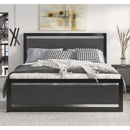 Full Black Metal Platform Bed Frame with Wood Panel Headboard and Footboard-2